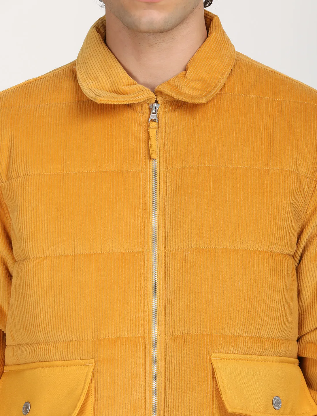 Men's Quilted Yellow Spread Collar Puffer Jacket