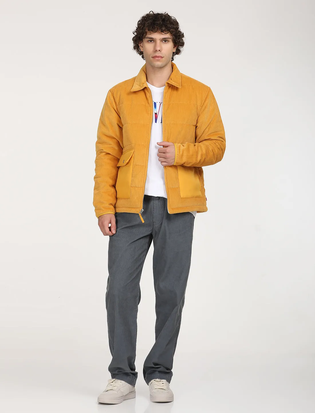 Men's Quilted Yellow Spread Collar Puffer Jacket