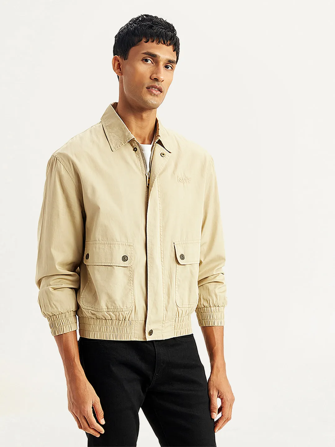 Men's Solid Beige Spread Collar Tailored Jacket