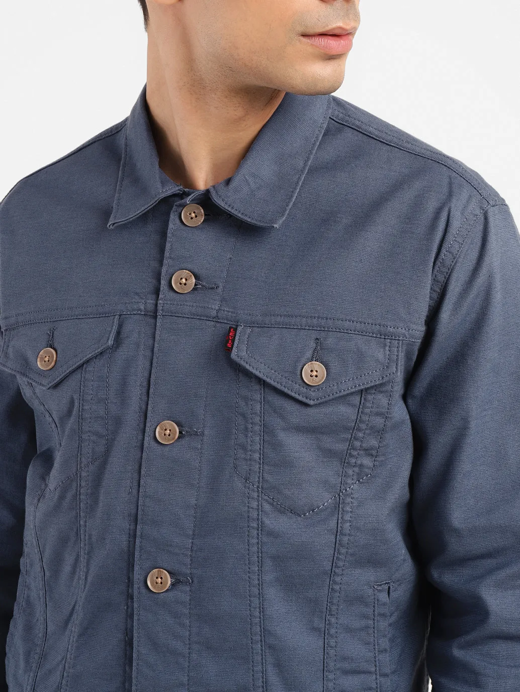 Men's Solid Grey Spread Collar Trucker Jacket