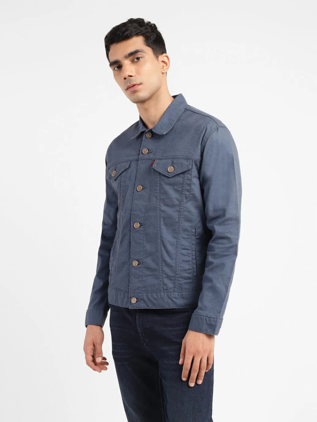 Men's Solid Grey Spread Collar Trucker Jacket