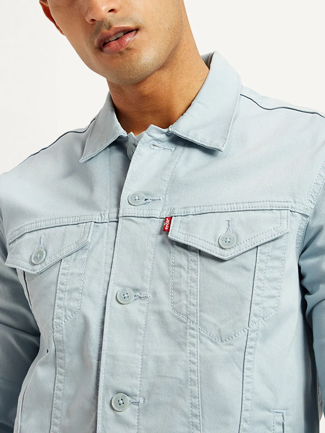 Men's Solid Light-Blue Spread Collar Trucker Jacket