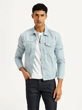 Men's Solid Light-Blue Spread Collar Trucker Jacket