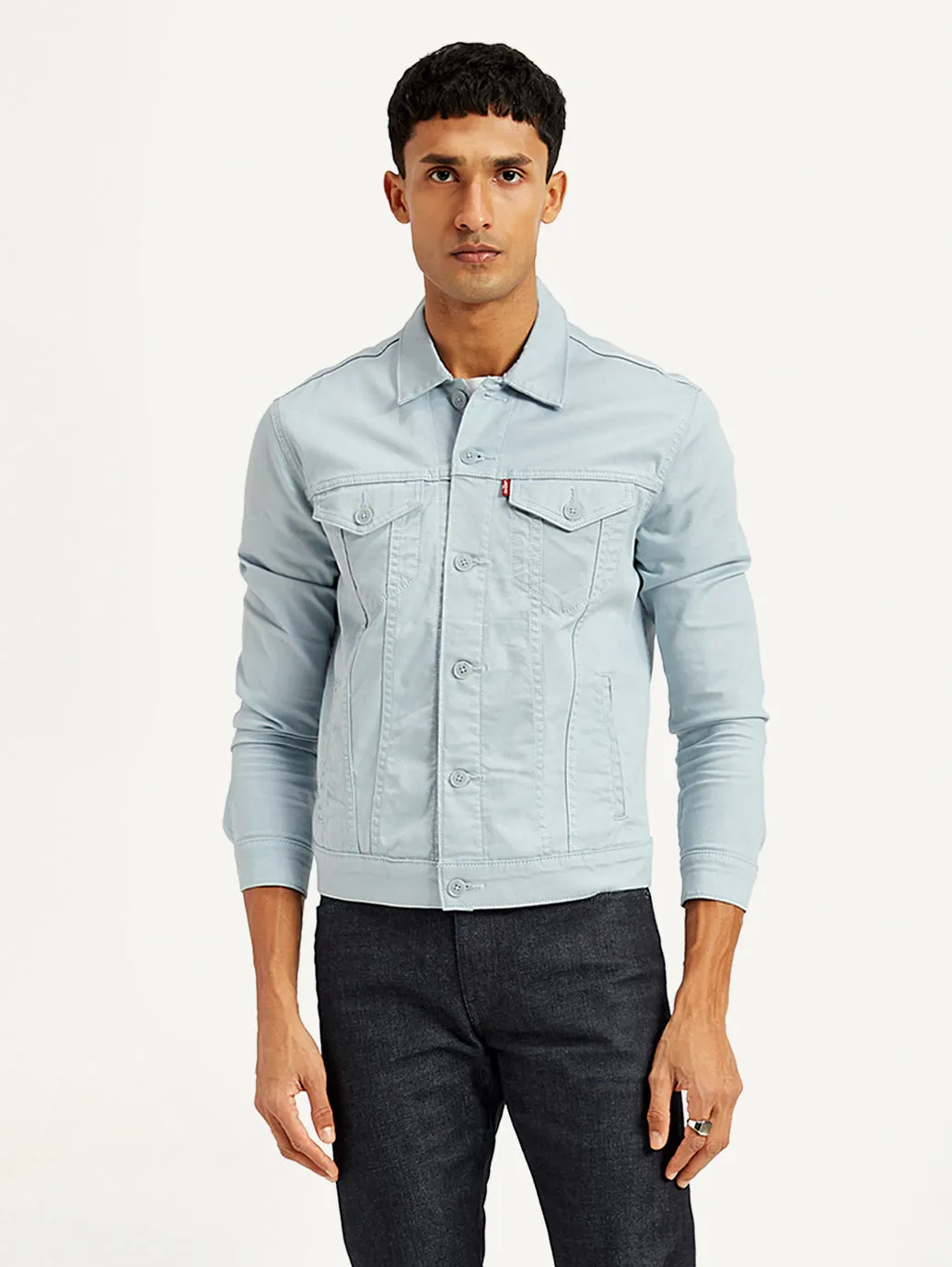 Men's Solid Light-Blue Spread Collar Trucker Jacket