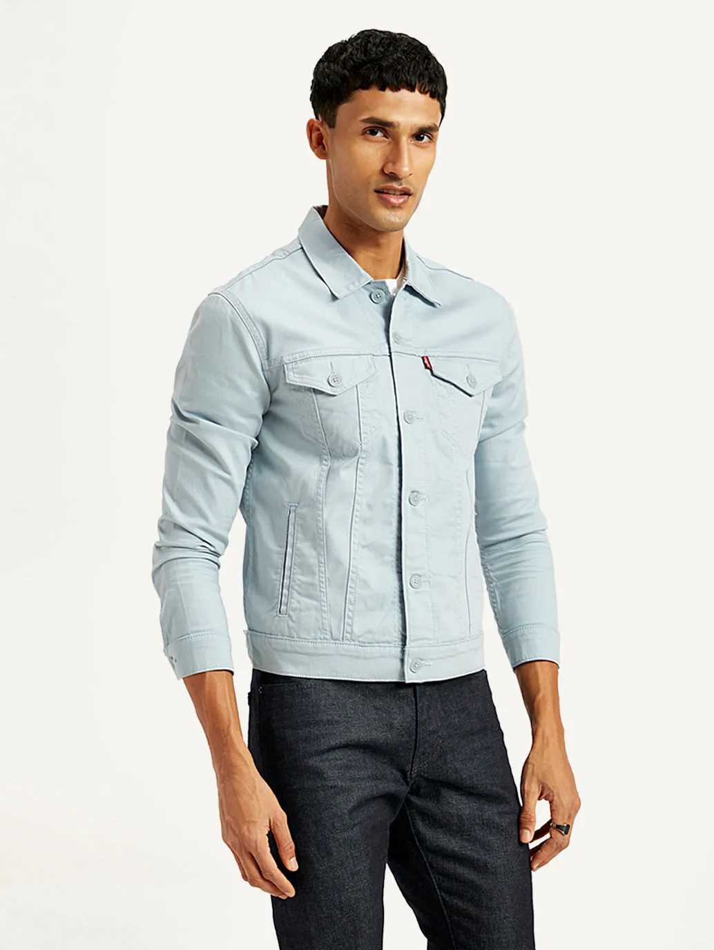 Men's Solid Light-Blue Spread Collar Trucker Jacket