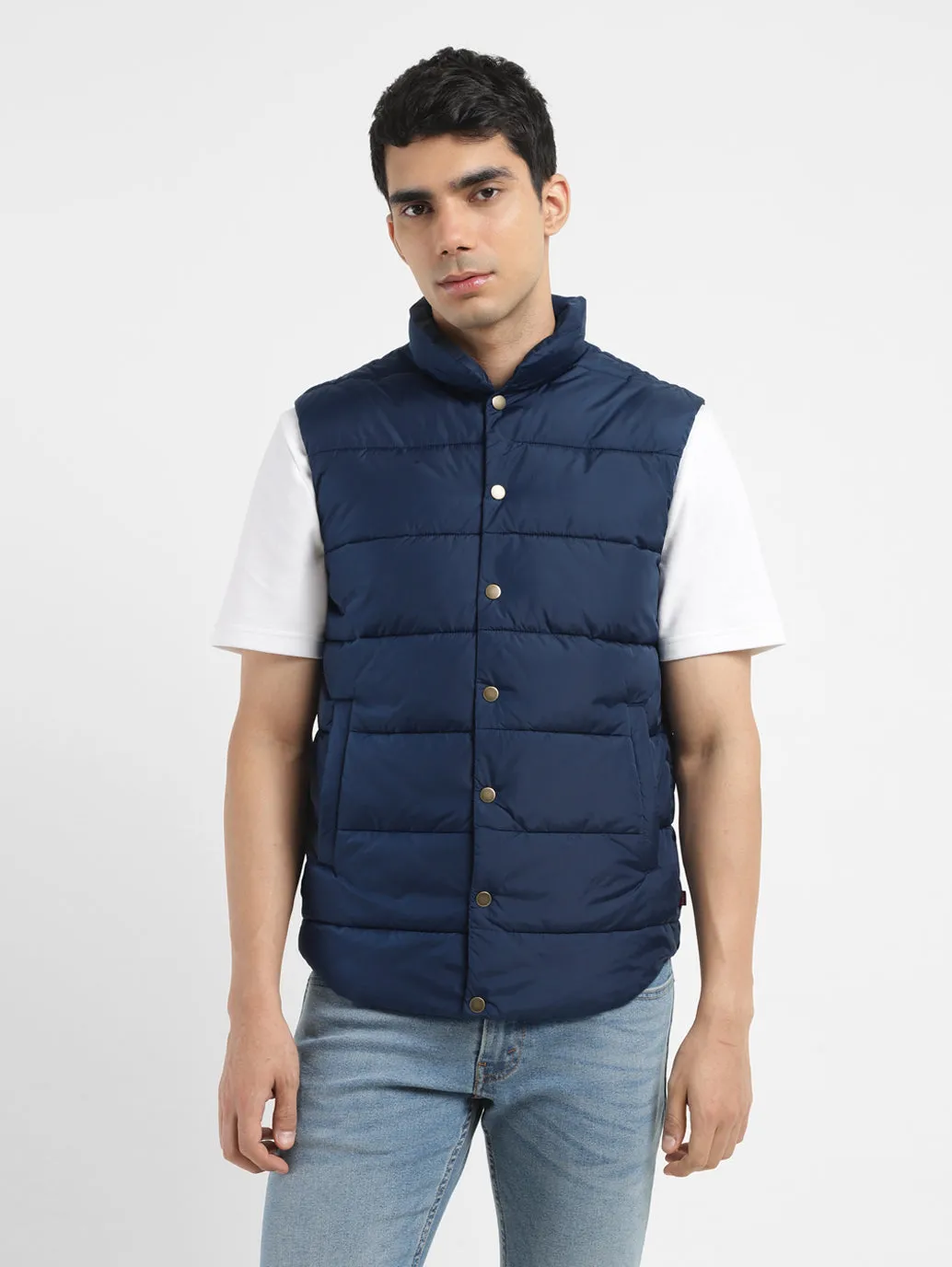 Men's Solid Navy Band Neck Quilted Jacket