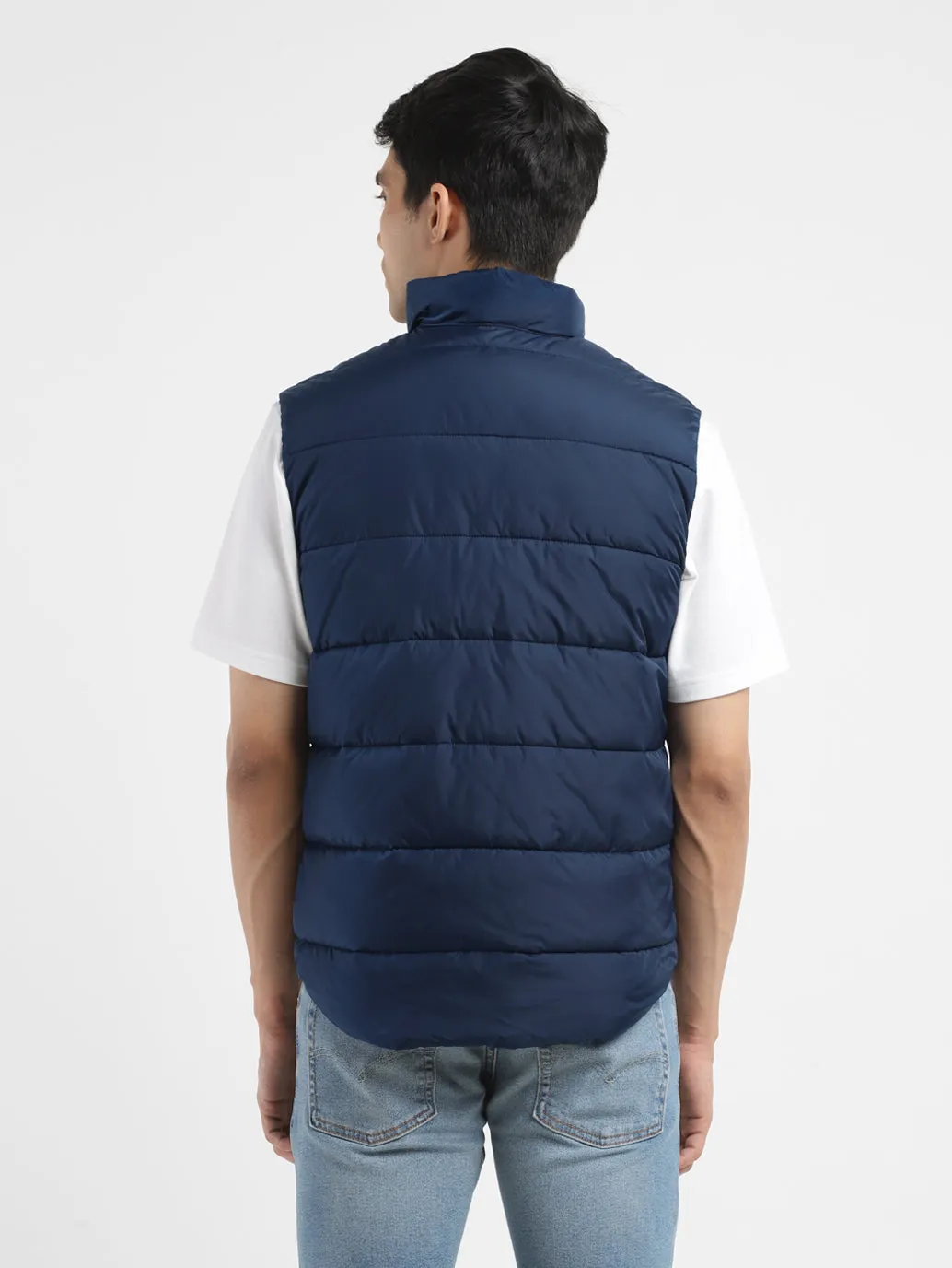 Men's Solid Navy Band Neck Quilted Jacket