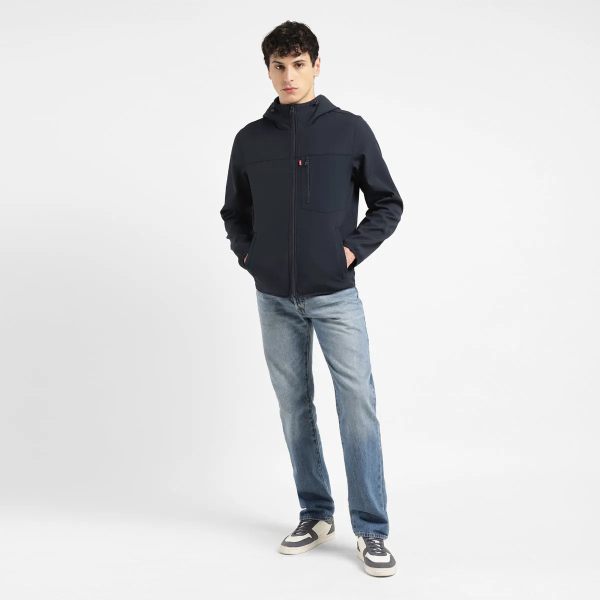 Men's Solid Navy Hooded Tailored Jacket