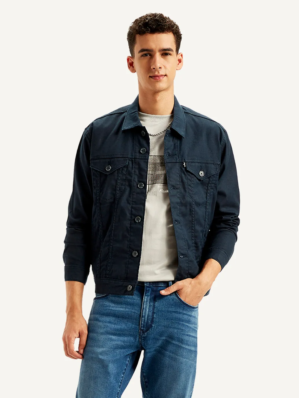 Men's Solid Navy Spread Collar Trucker Jacket