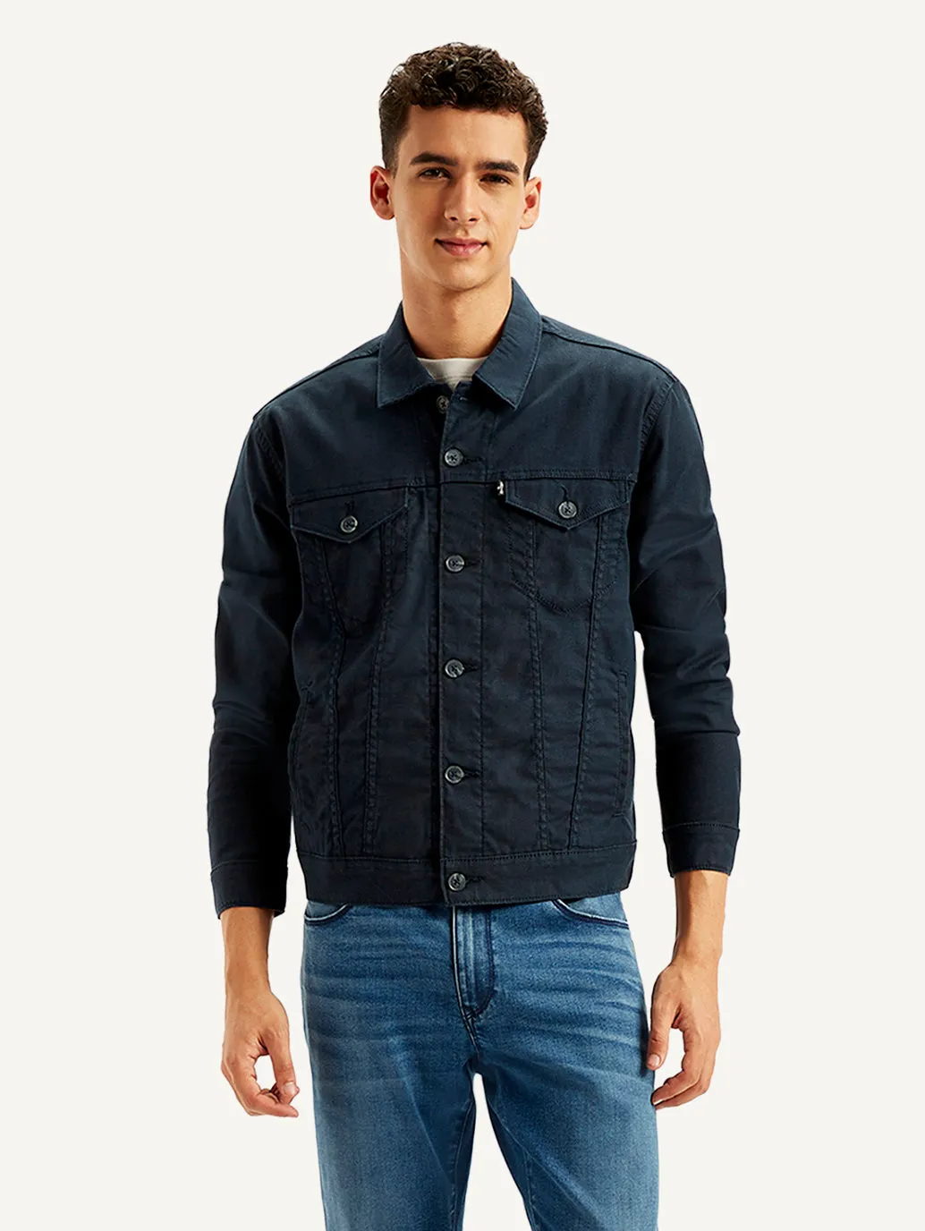 Men's Solid Navy Spread Collar Trucker Jacket