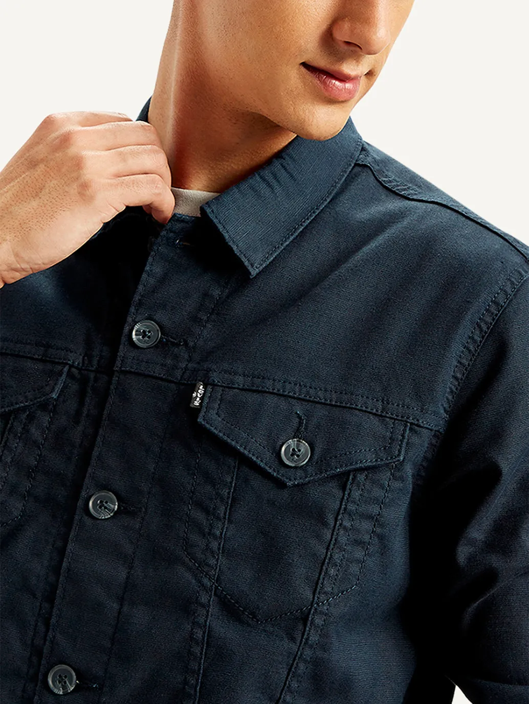 Men's Solid Navy Spread Collar Trucker Jacket