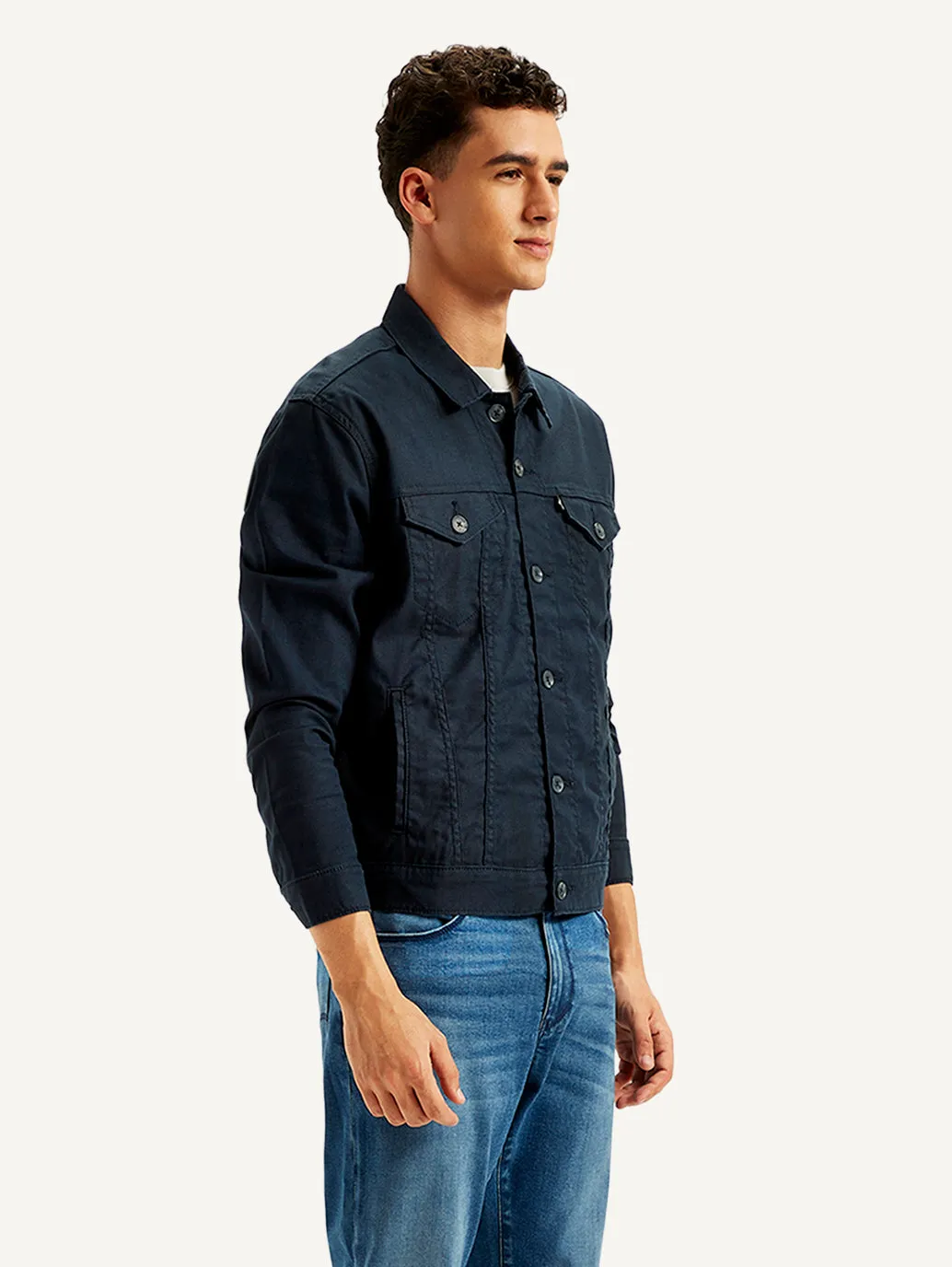 Men's Solid Navy Spread Collar Trucker Jacket