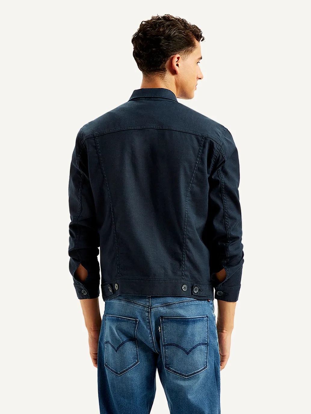 Men's Solid Navy Spread Collar Trucker Jacket