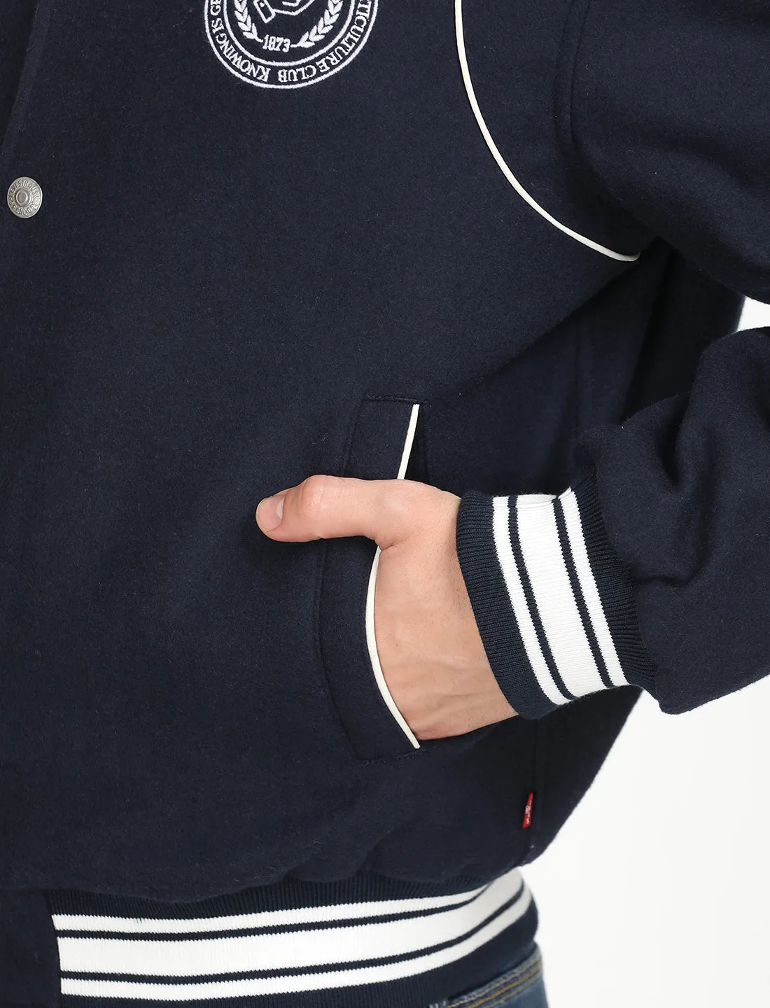 Men's Solid Navy Spread Collar Varsity Jacket