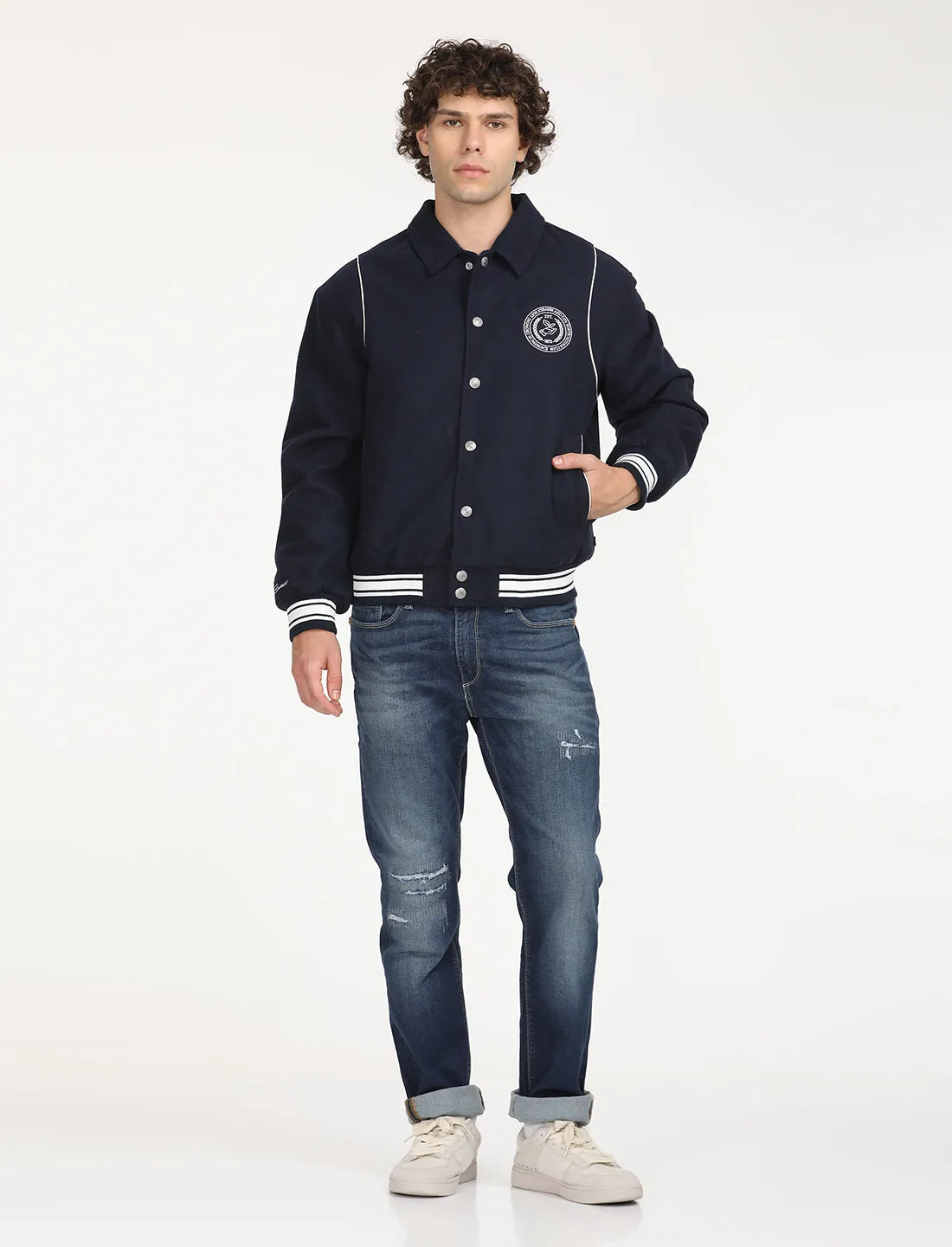 Men's Solid Navy Spread Collar Varsity Jacket