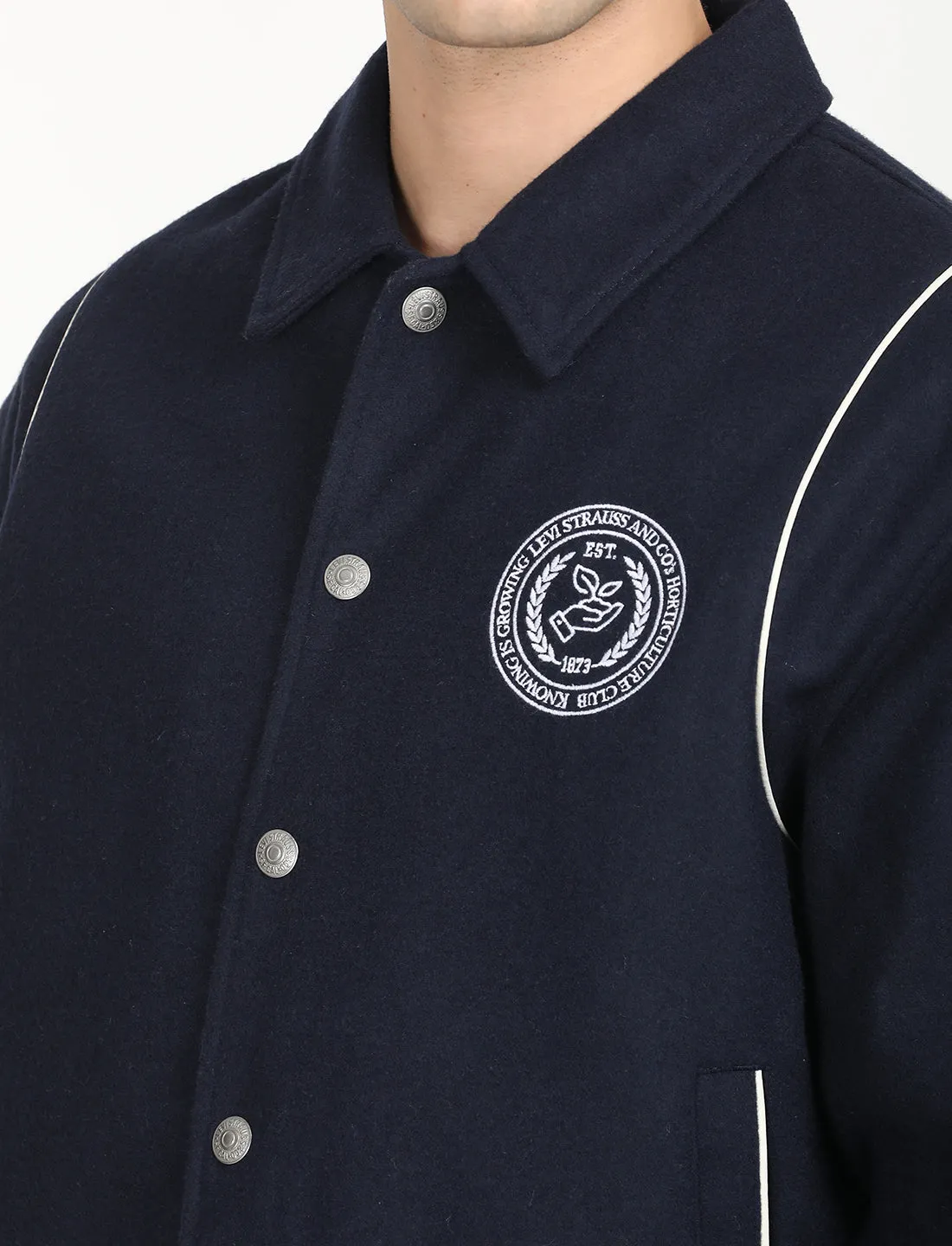 Men's Solid Navy Spread Collar Varsity Jacket