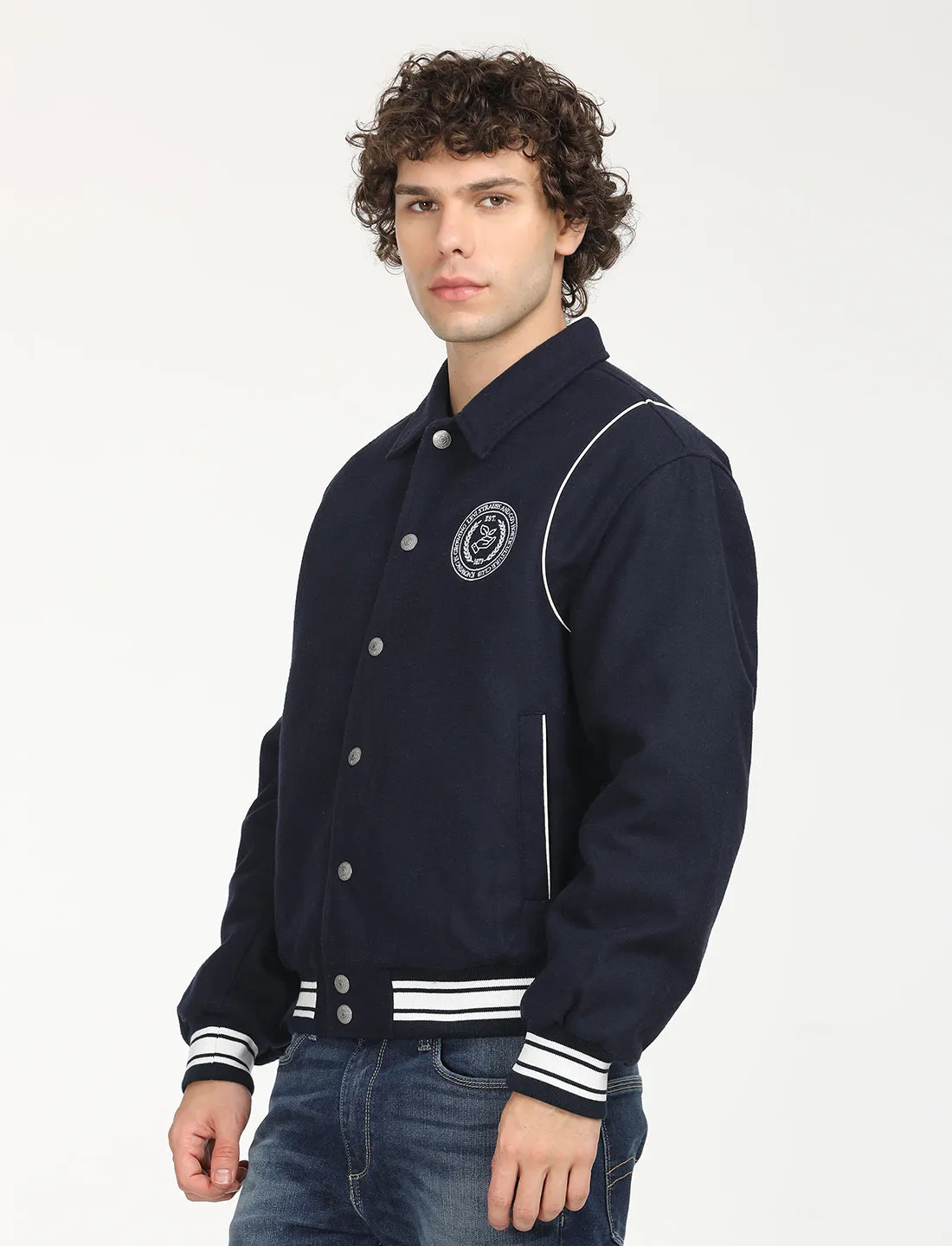 Men's Solid Navy Spread Collar Varsity Jacket