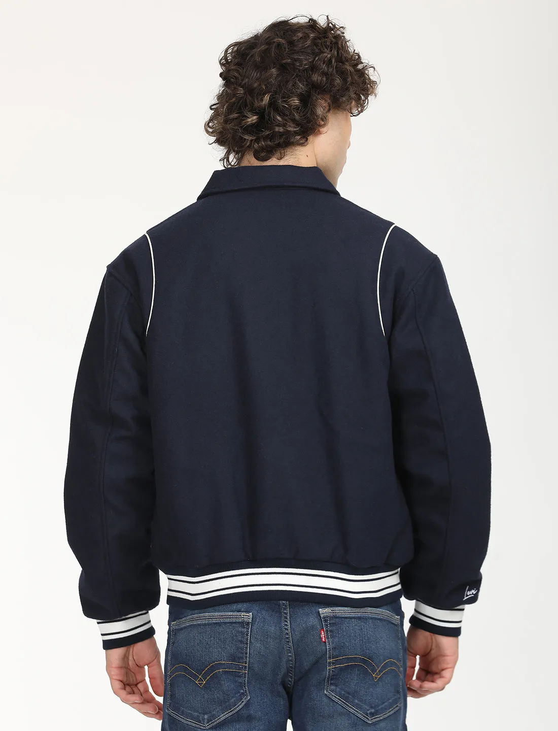 Men's Solid Navy Spread Collar Varsity Jacket