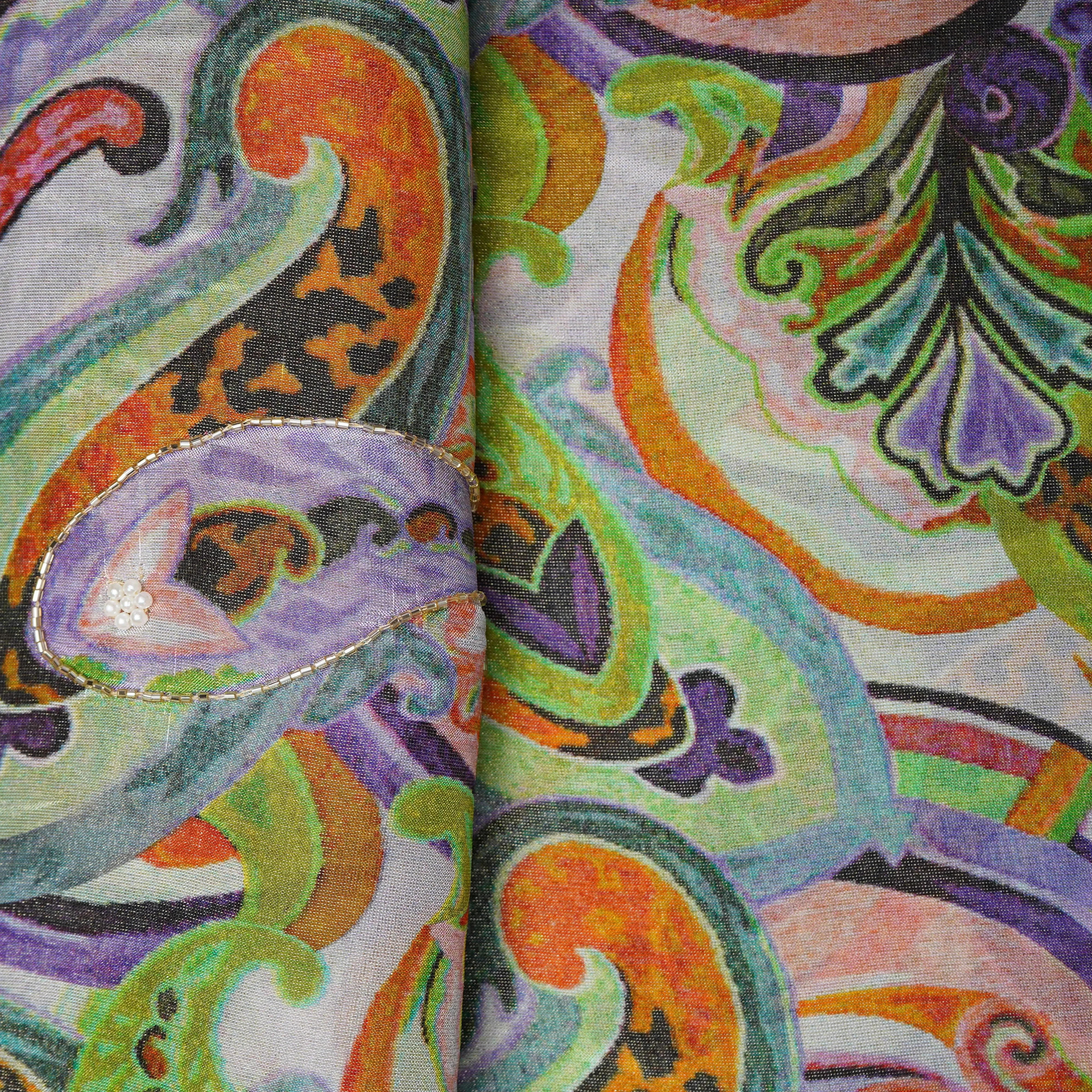 Multicolor Paisley Cutdana & Pearl Embroidery Pure Tissue Fabric 21270