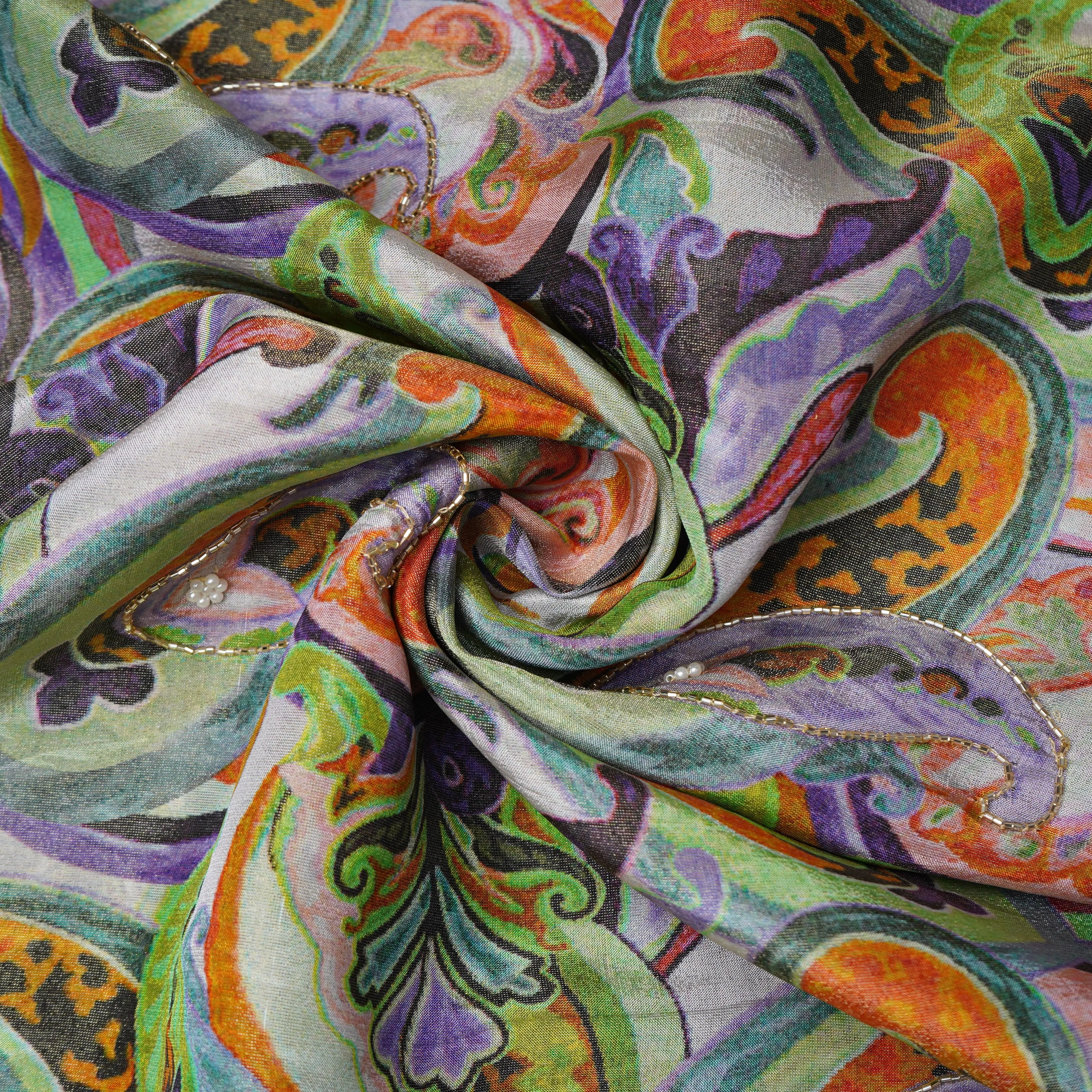 Multicolor Paisley Cutdana & Pearl Embroidery Pure Tissue Fabric 21270