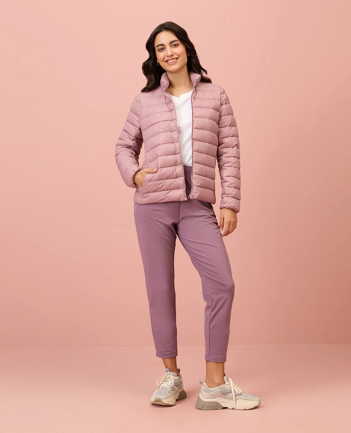 NYKD By Nykaa Ultra Light Weight Puffer Jacket with Inbuilt Bag (Set of 2)-NYAT405-Blush