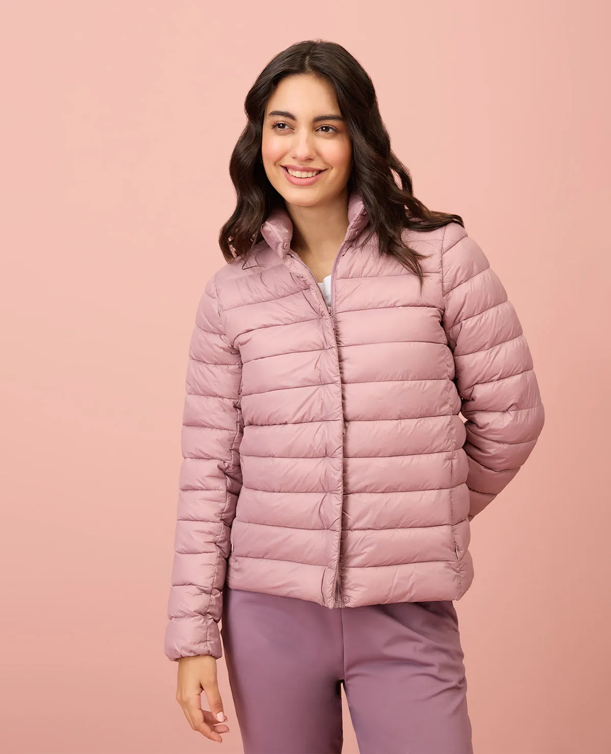 NYKD By Nykaa Ultra Light Weight Puffer Jacket with Inbuilt Bag (Set of 2)-NYAT405-Blush