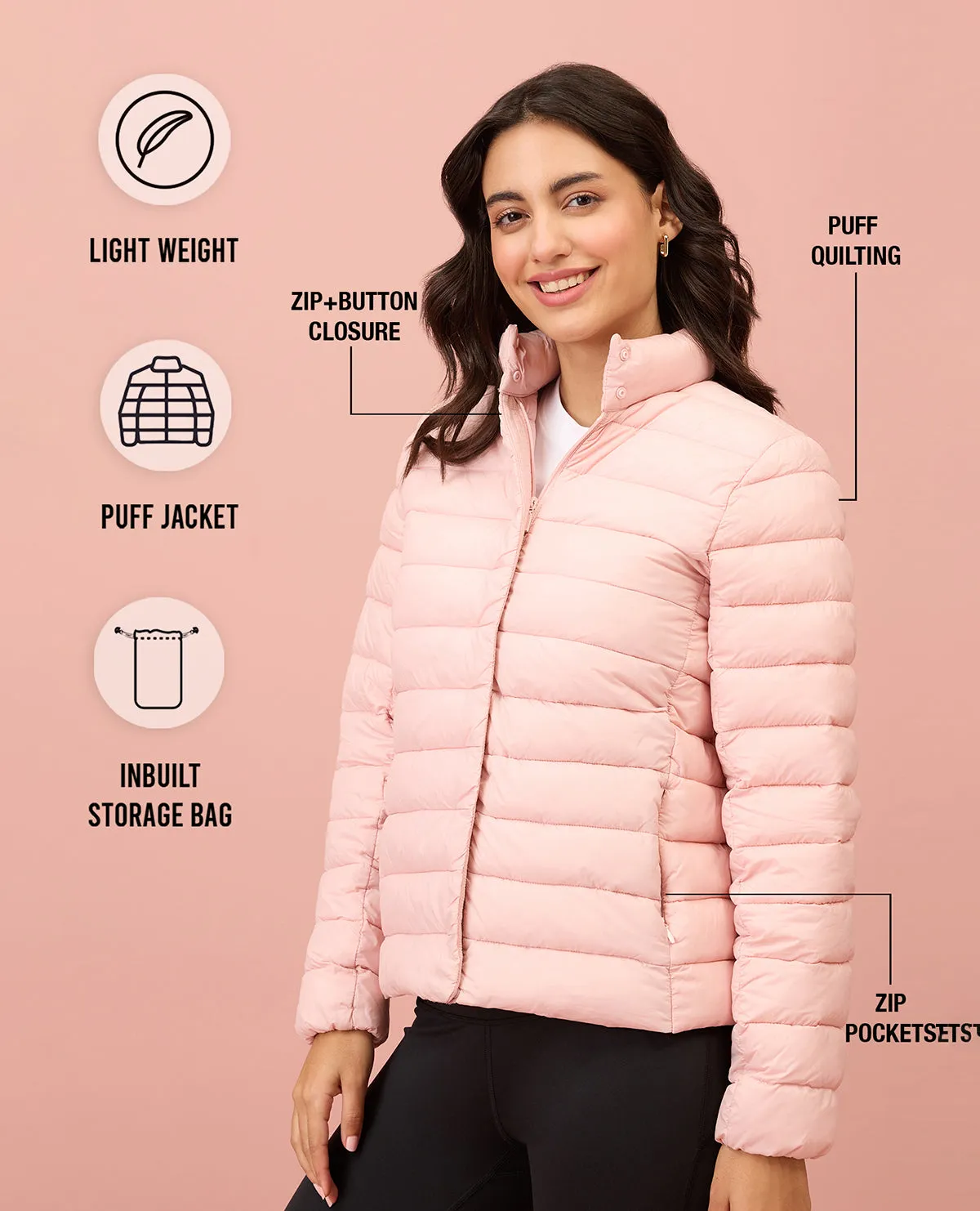 NYKD By Nykaa Ultra Light Weight Puffer Jacket with Inbuilt Bag (Set of 2)-NYAT405-Pink