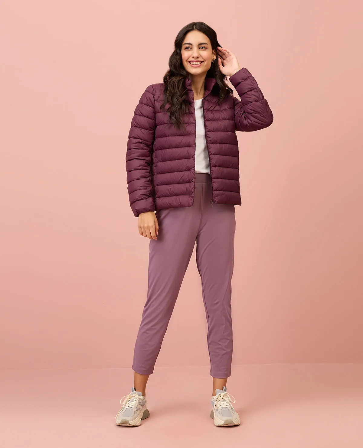 NYKD By Nykaa Ultra Light Weight Puffer Jacket with Inbuilt Bag (Set of 2)-NYAT405-Wine