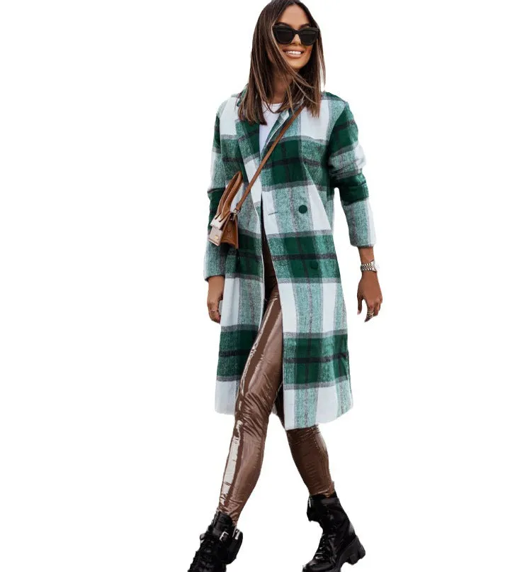 Printed Mid-length Plaid Wool Coat Women