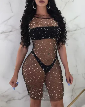 Shiny Embellished Sheer Mesh Dress With Bikini