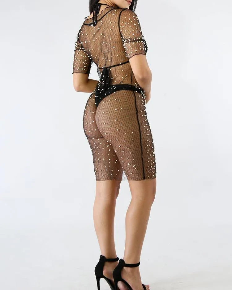 Shiny Embellished Sheer Mesh Dress With Bikini