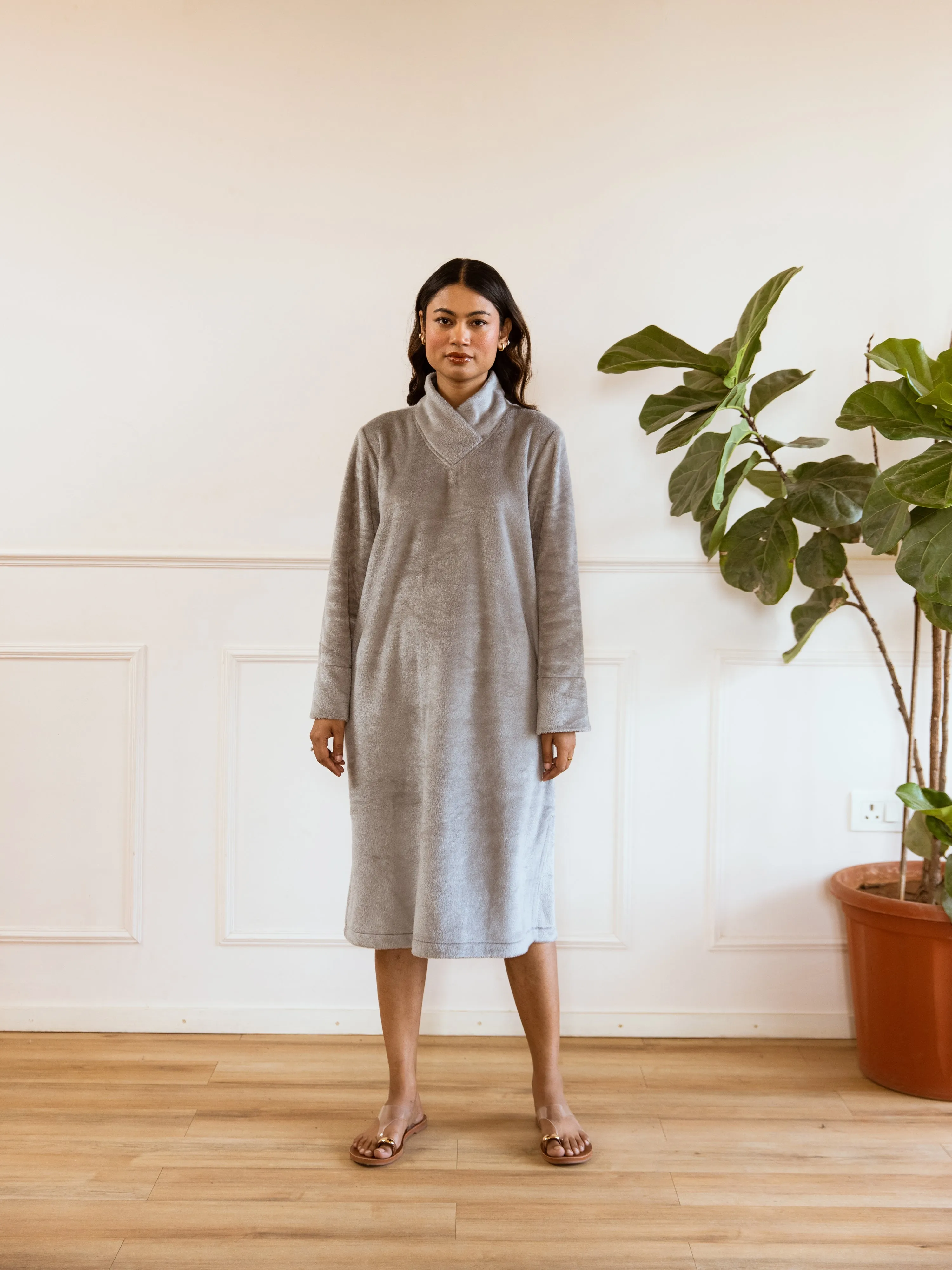 Super Soft Grey Woollen Cross Neck Midi Dress