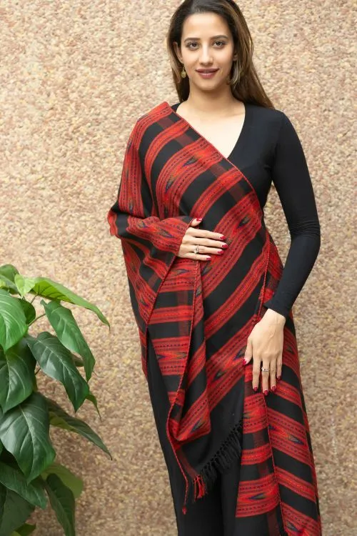 TICH Exclusive, Soft Himachal Wool Pattu Stole - Black & Red