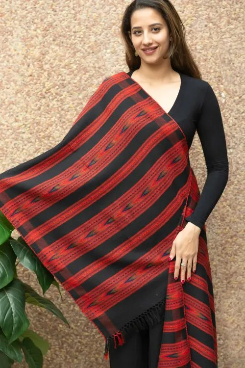 TICH Exclusive, Soft Himachal Wool Pattu Stole - Black & Red