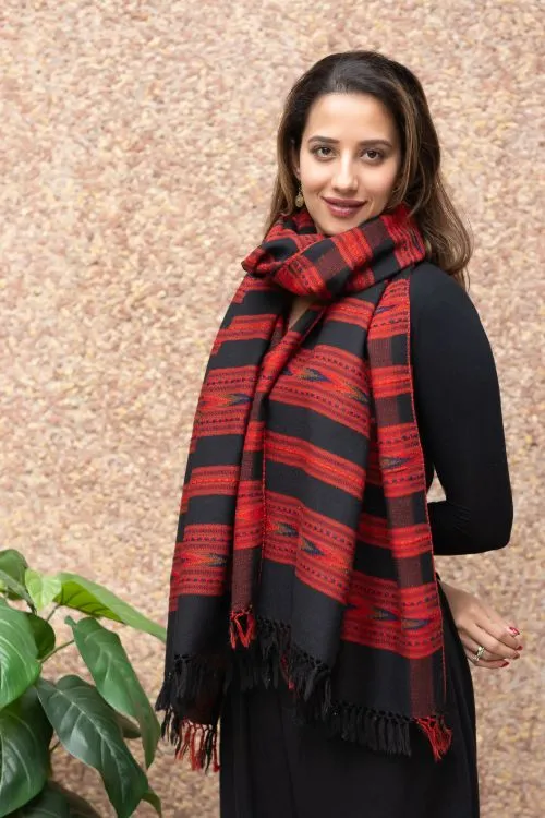 TICH Exclusive, Soft Himachal Wool Pattu Stole - Black & Red