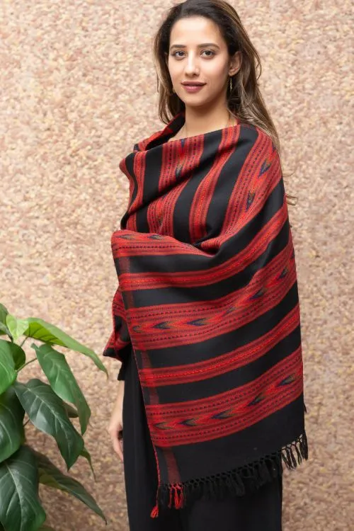 TICH Exclusive, Soft Himachal Wool Pattu Stole - Black & Red