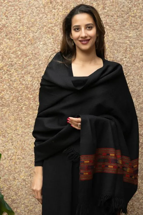 TICH Exclusive Soft Himachal Wool Shawl With Woven Border - Black