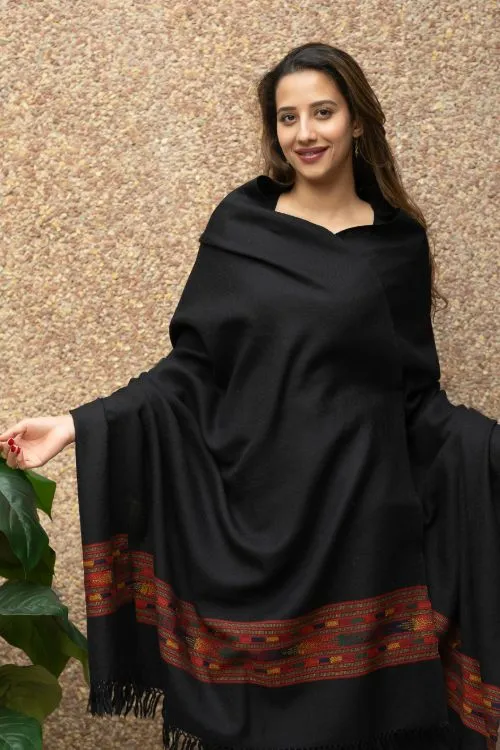 TICH Exclusive Soft Himachal Wool Shawl With Woven Border - Black