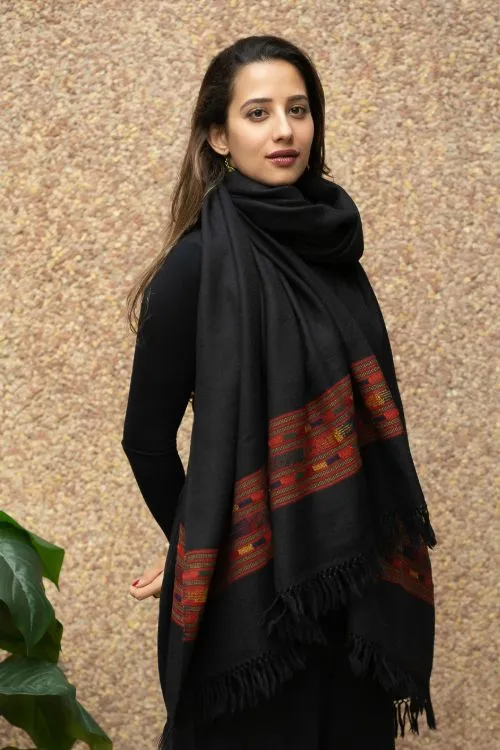 TICH Exclusive Soft Himachal Wool Shawl With Woven Border - Black