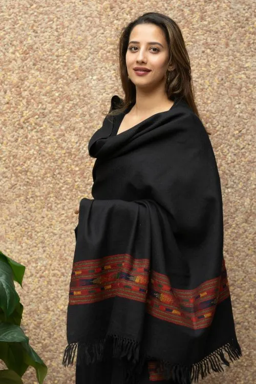 TICH Exclusive Soft Himachal Wool Shawl With Woven Border - Black