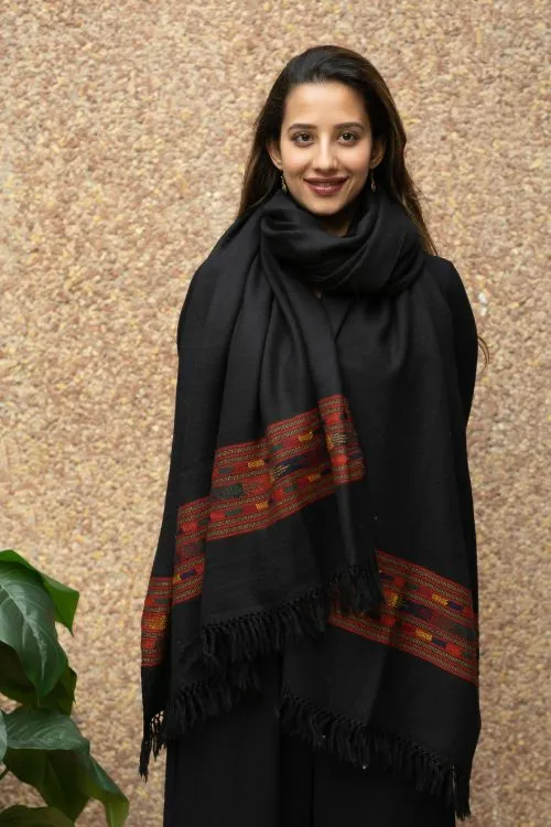 TICH Exclusive Soft Himachal Wool Shawl With Woven Border - Black