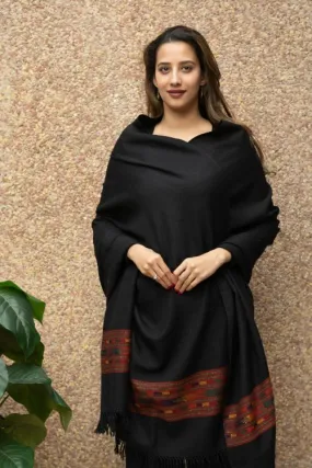 TICH Exclusive Soft Himachal Wool Shawl With Woven Border - Black