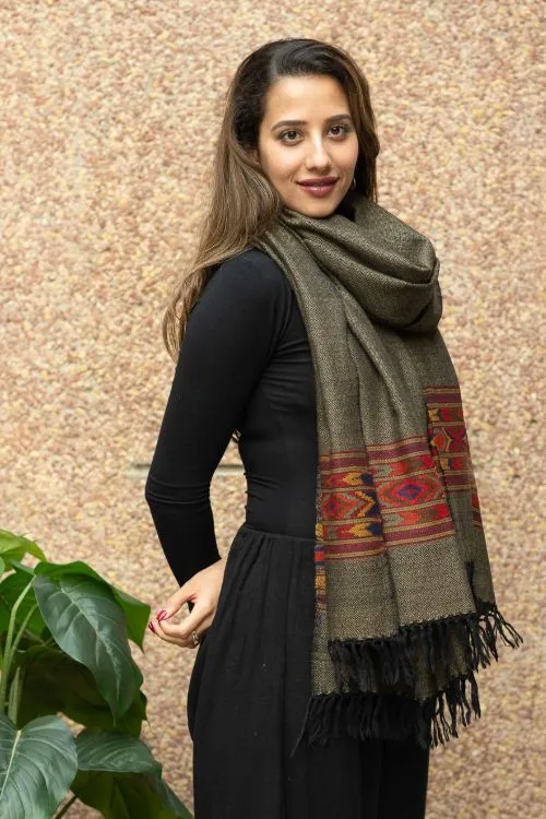 TICH Exclusive Soft Himachal Wool Shawl With Woven Border - Grey Green