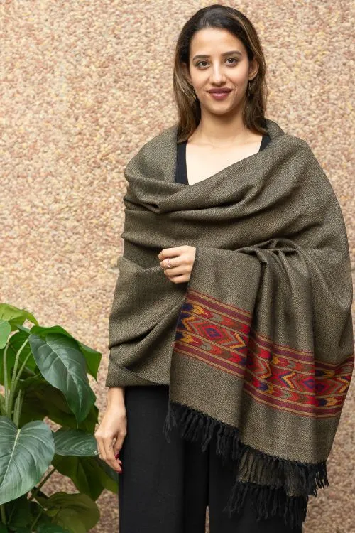 TICH Exclusive Soft Himachal Wool Shawl With Woven Border - Grey Green