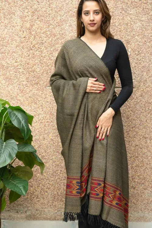 TICH Exclusive Soft Himachal Wool Shawl With Woven Border - Grey Green