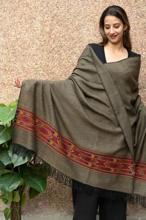 TICH Exclusive Soft Himachal Wool Shawl With Woven Border - Grey Green