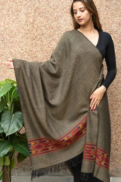 TICH Exclusive Soft Himachal Wool Shawl With Woven Border - Grey Green