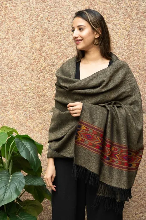 TICH Exclusive Soft Himachal Wool Shawl With Woven Border - Grey Green