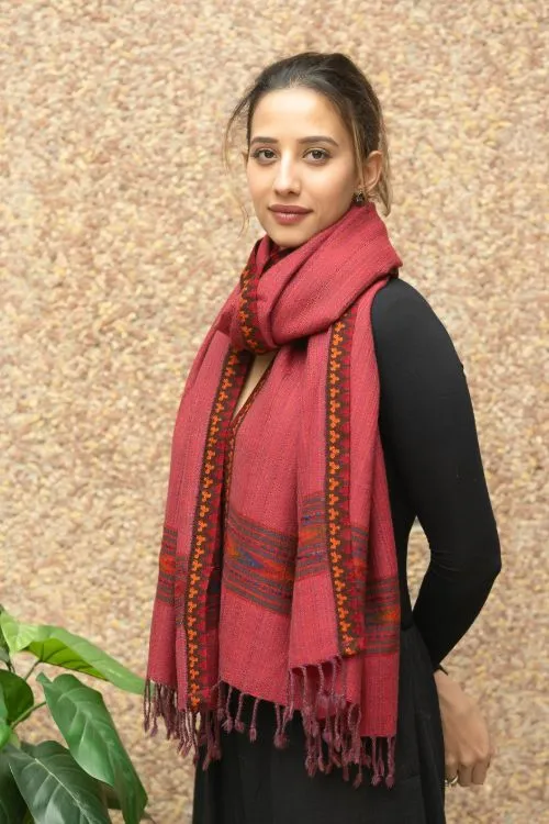 TICH Exclusive Soft Himachal Wool Stole - Pale Red Kinnauri