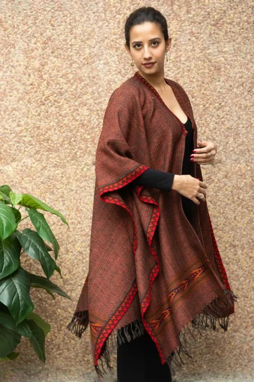 TICH Fine, Soft Himachal Wool Poncho Wrap With Woven Kinnauri Border - Brown Rust